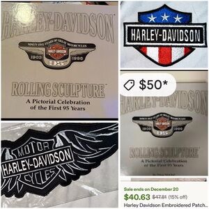 2 Harley-Davidson Embroidered Patches + 1 hardcover book motorcycle